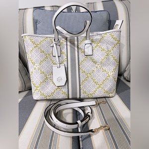 Tory Burch T Monogram Floral Vine small top zip tote bag